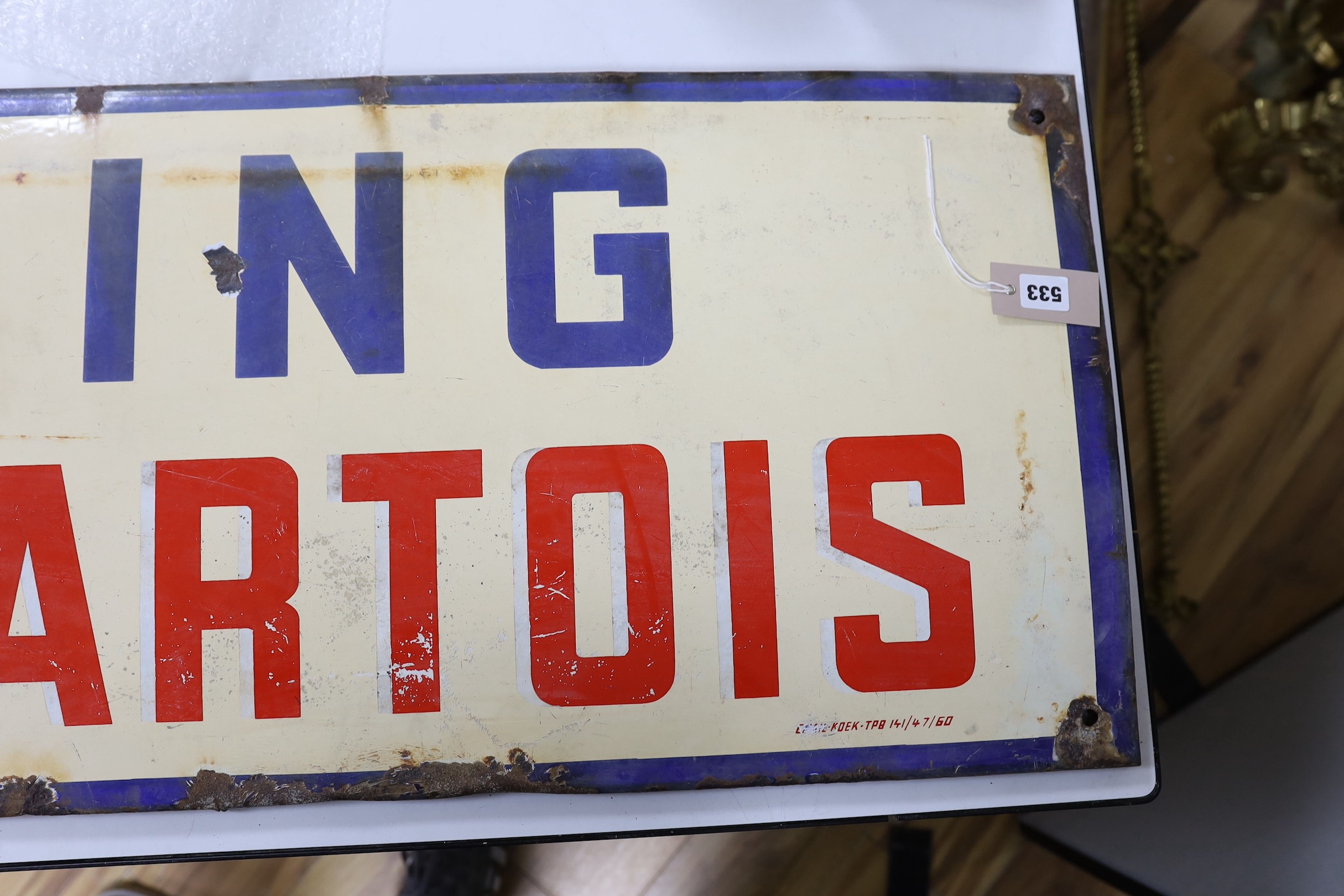A Stella Artois ‘parking’ enamel sign. 44 x 148cm